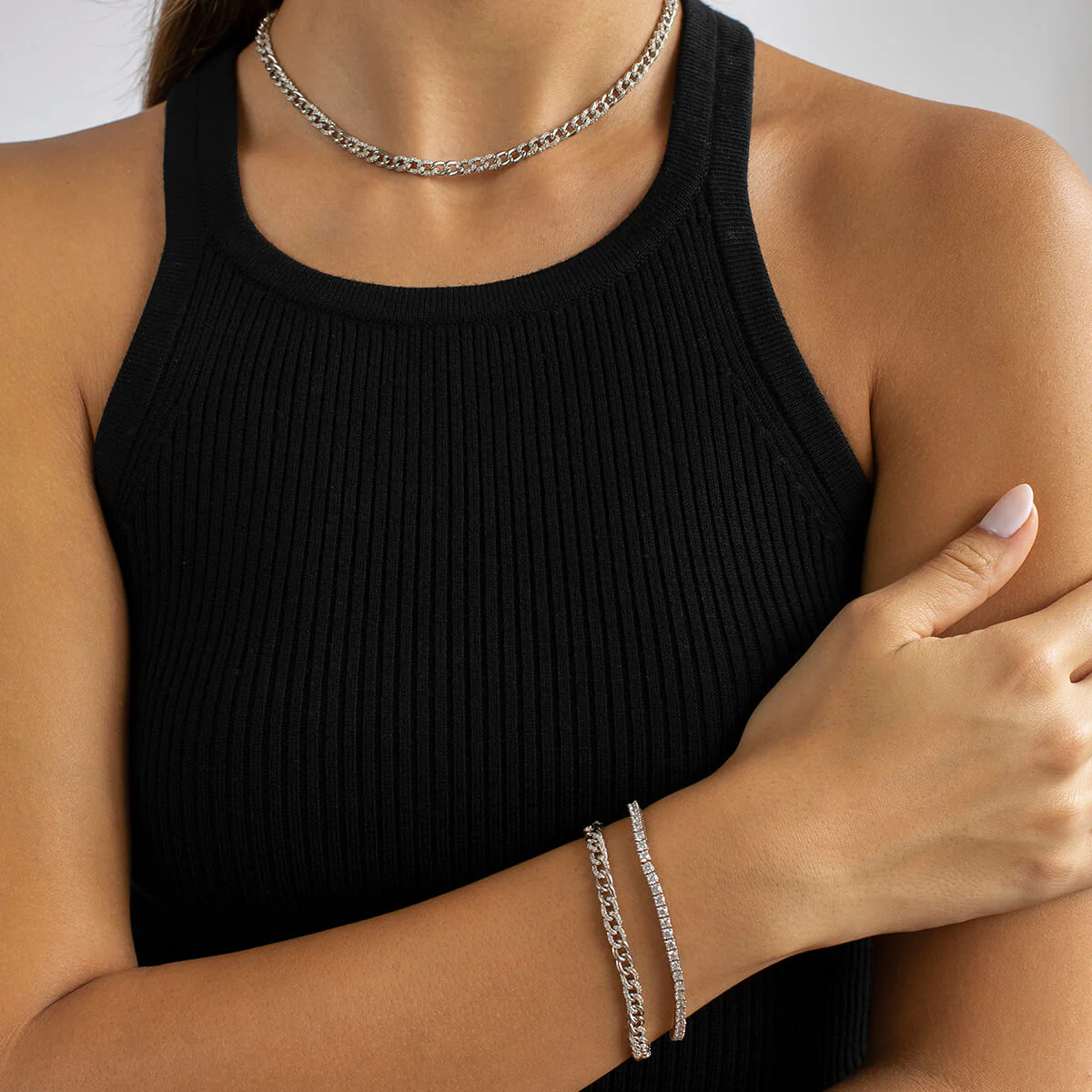 Half Pave Mini Curb Chain Necklace - Image 5